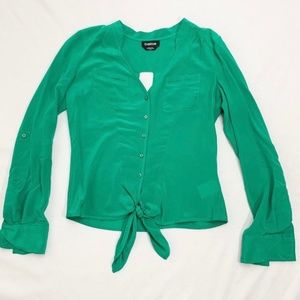 BEBE Silky Button Down Tie-Front Blouse